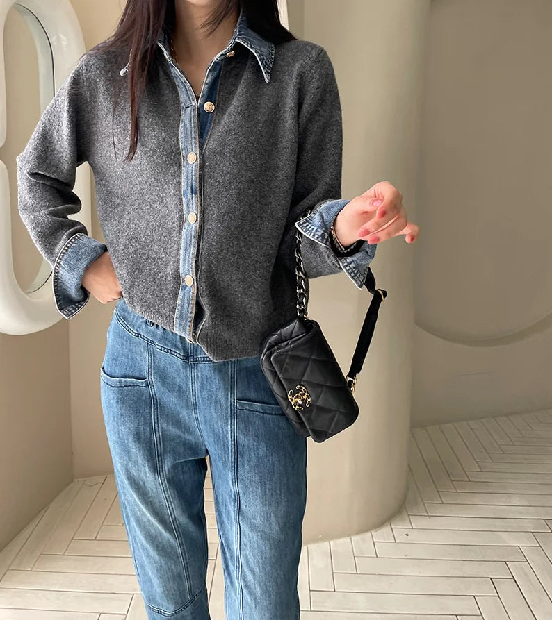 Women's Knit Cardigan Denim Contrast Panels Structured Collar