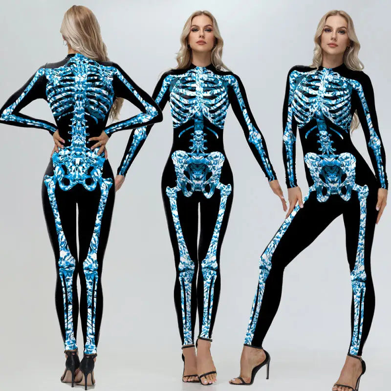Women's Skeleton Print Bodysuit Halloween Cosplay Costume