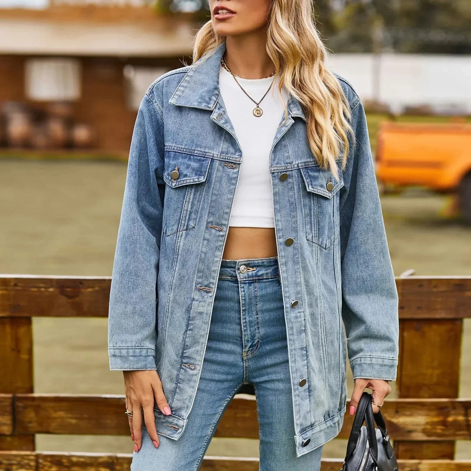 Women's Denim Jacket Washed Finish Flap Pockets