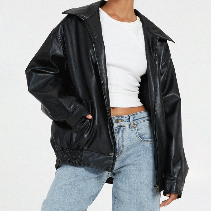 Bomber da donna in ecopelle oversize con cerniera frontale