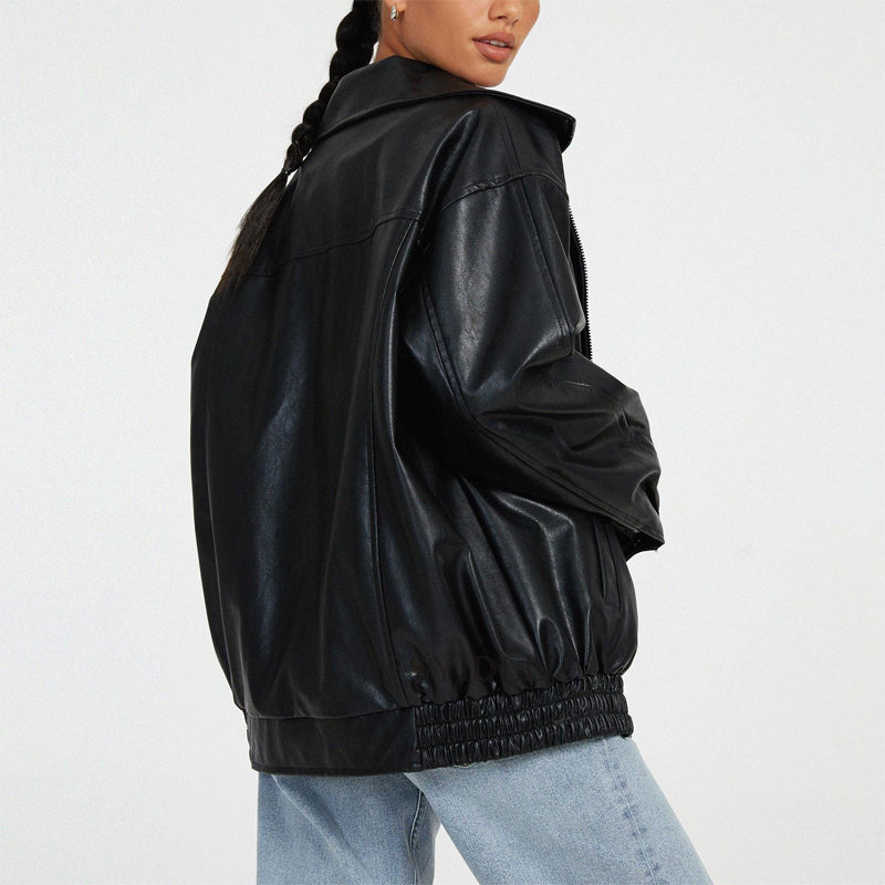 Bomber da donna in ecopelle oversize con cerniera frontale