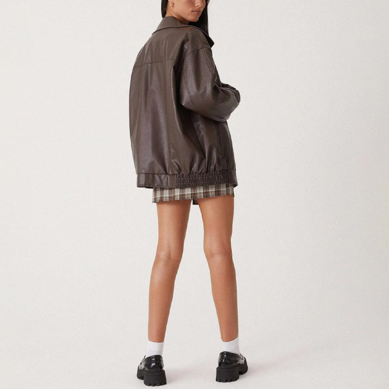 Bomber da donna in ecopelle oversize con cerniera frontale