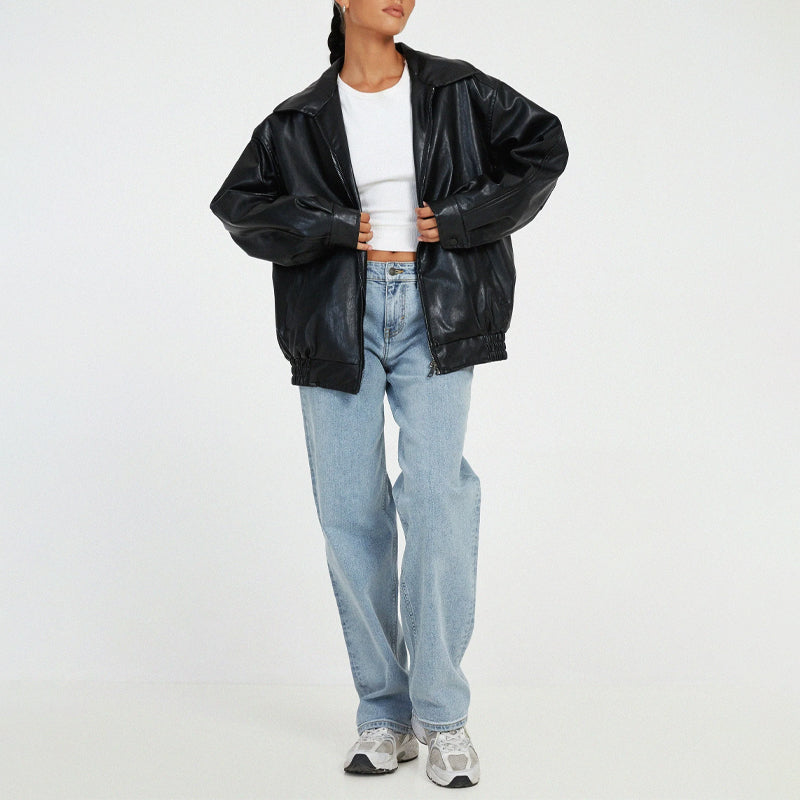 Bomber da donna in ecopelle oversize con cerniera frontale