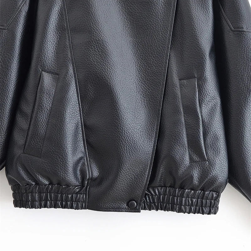 Women's Faux Leather Jacket Motorcycle Cut Long Sleeve