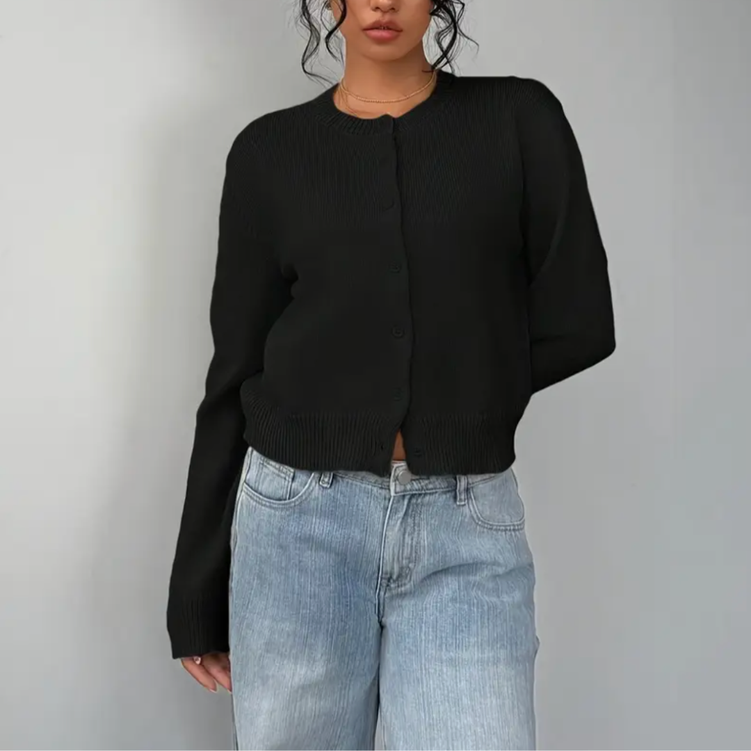 Women's Cropped Button Cardigan Round Neck Ribbed Cuffs