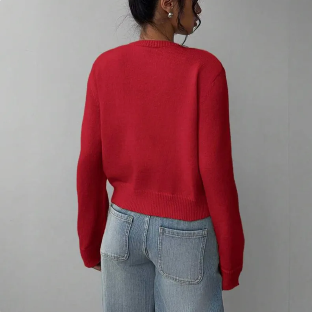 Women's Cropped Button Cardigan Round Neck Ribbed Cuffs
