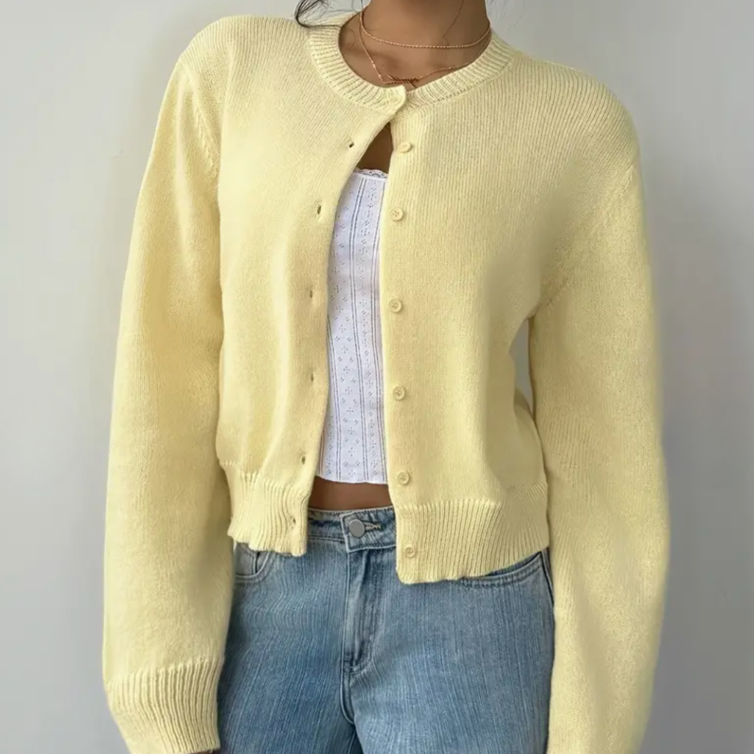 Women's Cropped Button Cardigan Round Neck Ribbed Cuffs