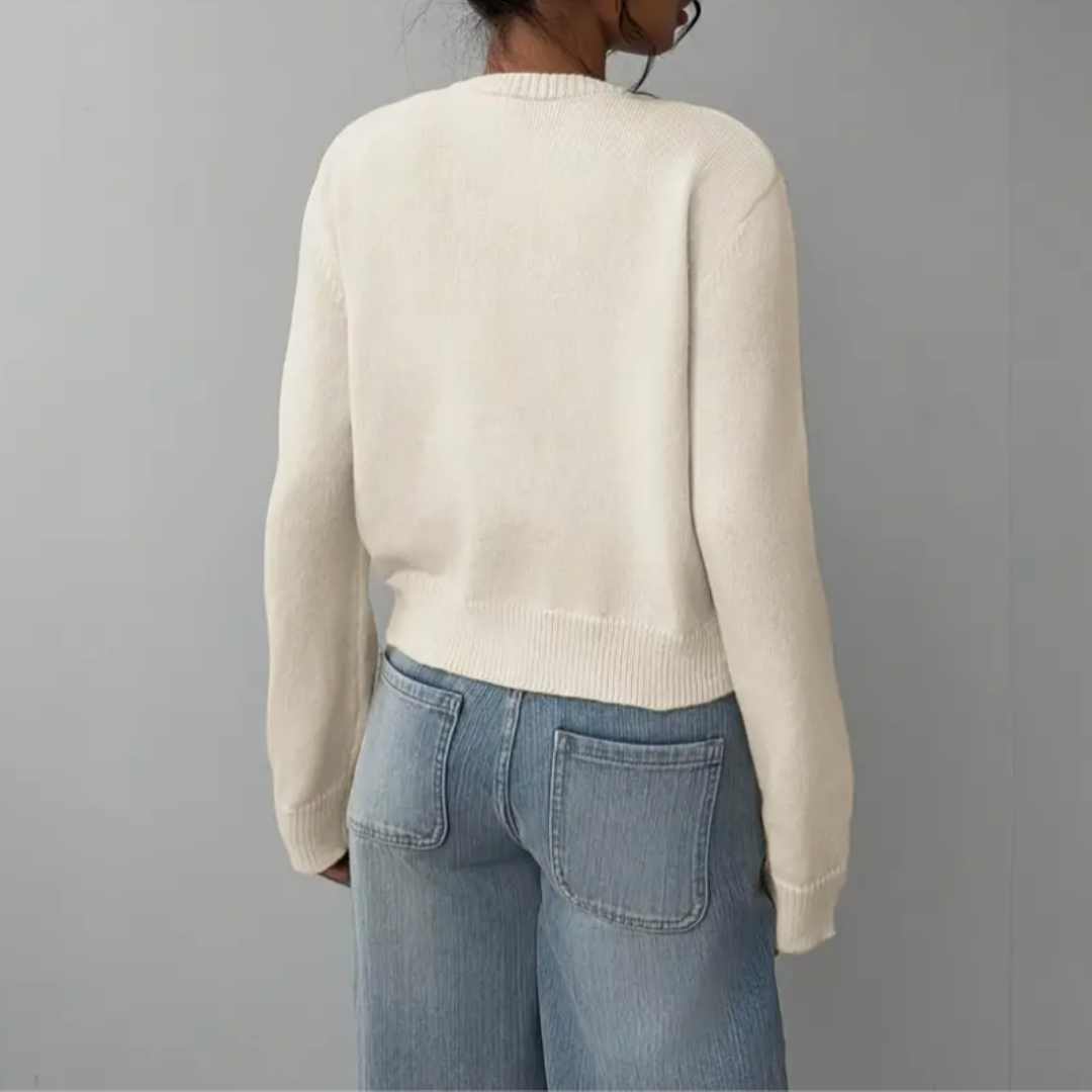 Women's Cropped Button Cardigan Round Neck Ribbed Cuffs