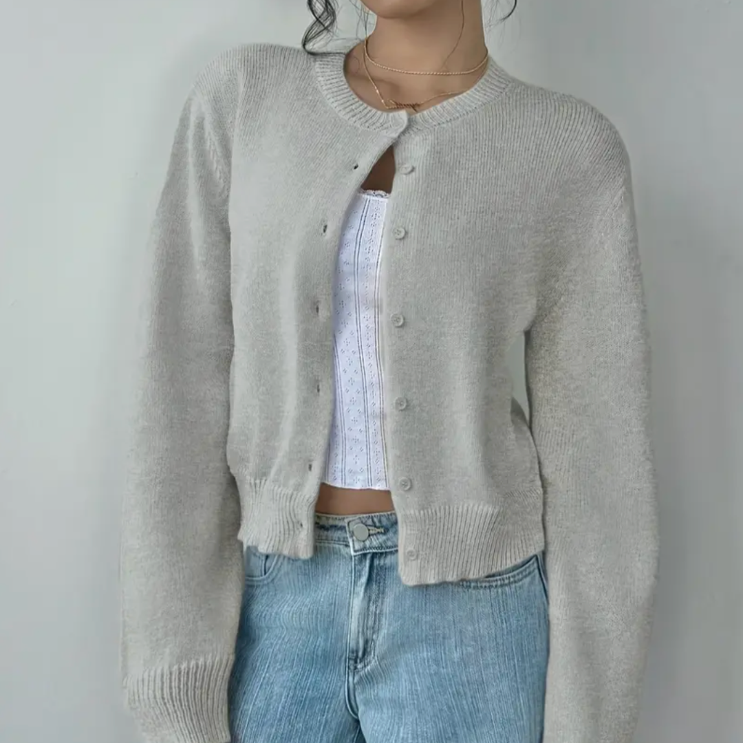 Women's Cropped Button Cardigan Round Neck Ribbed Cuffs