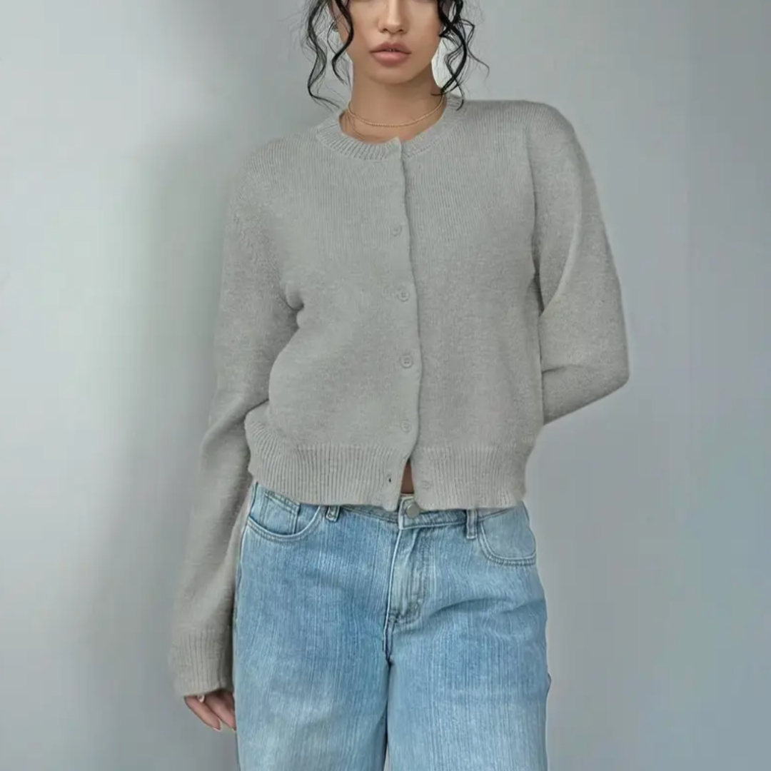 Women's Cropped Button Cardigan Round Neck Ribbed Cuffs