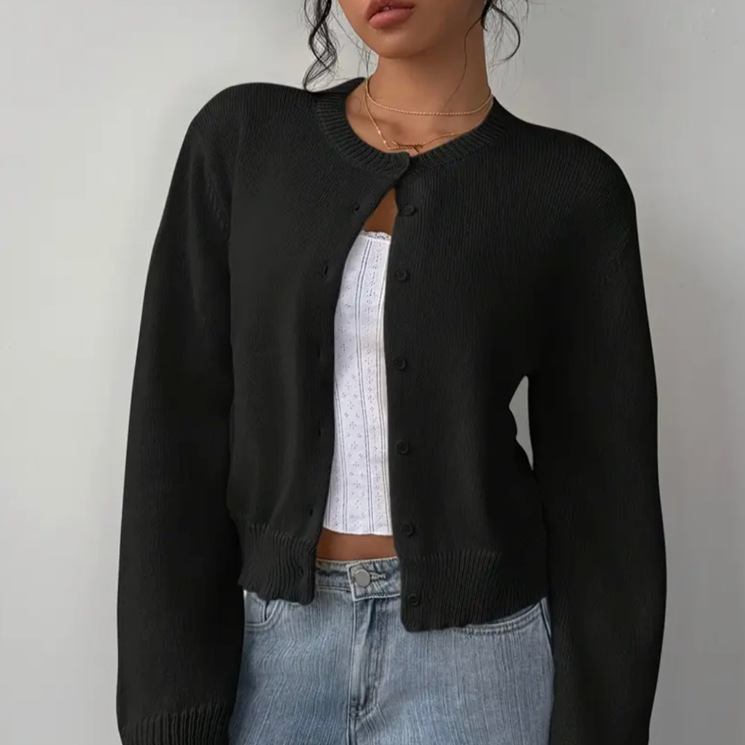 Women's Cropped Button Cardigan Round Neck Ribbed Cuffs