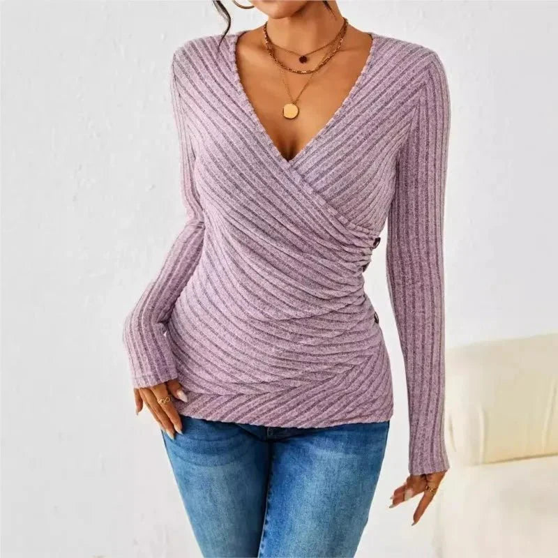 Women's Ribbed Wrap Top V-Neck Ruched Long Sleeve
