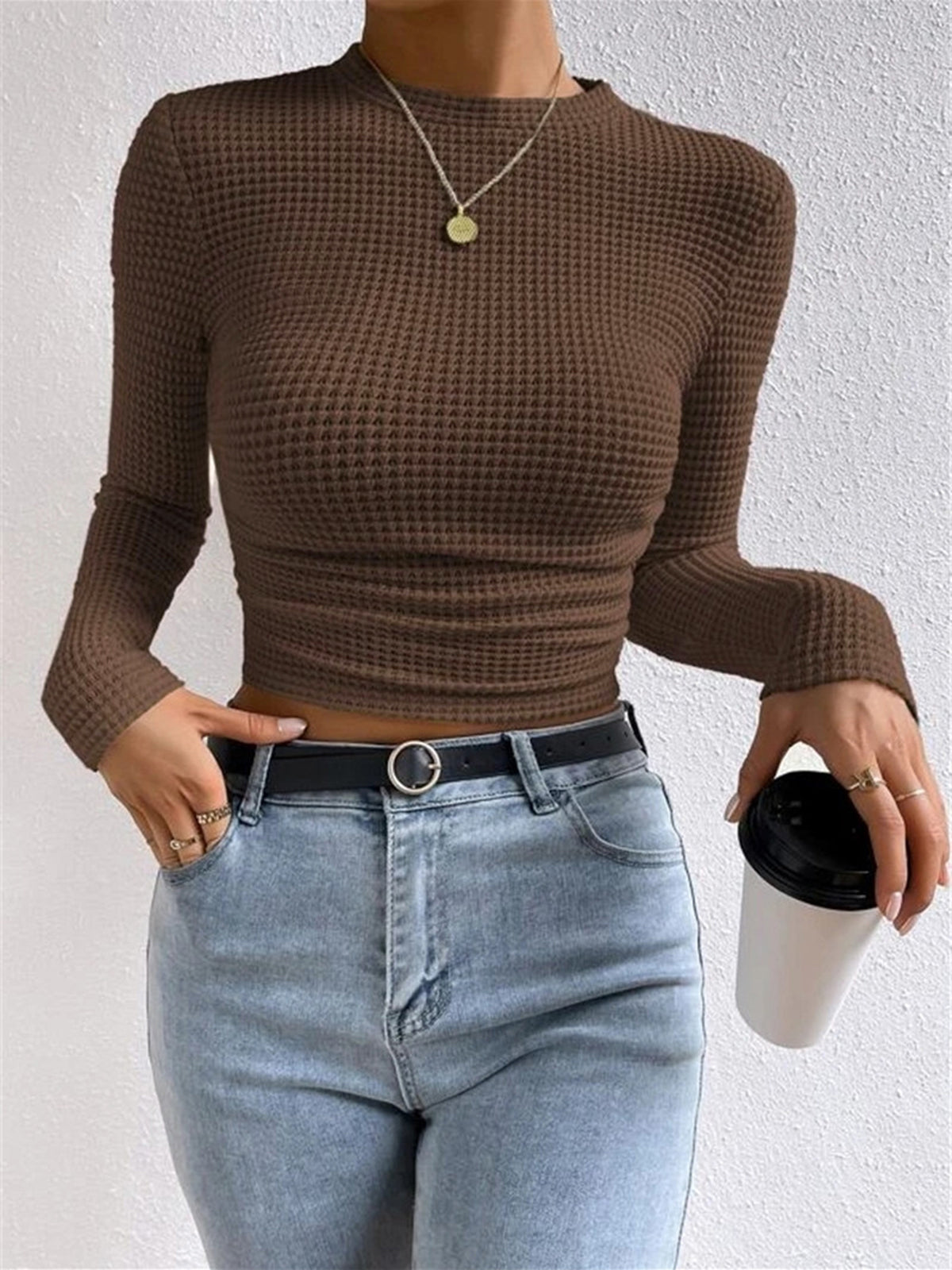 Women's Long Sleeve Waffle Knit Top with Crew Neck