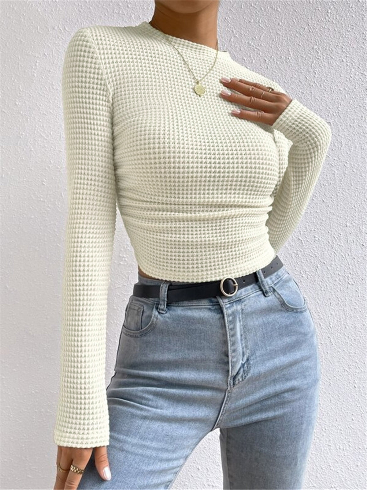 Women's Long Sleeve Waffle Knit Top with Crew Neck