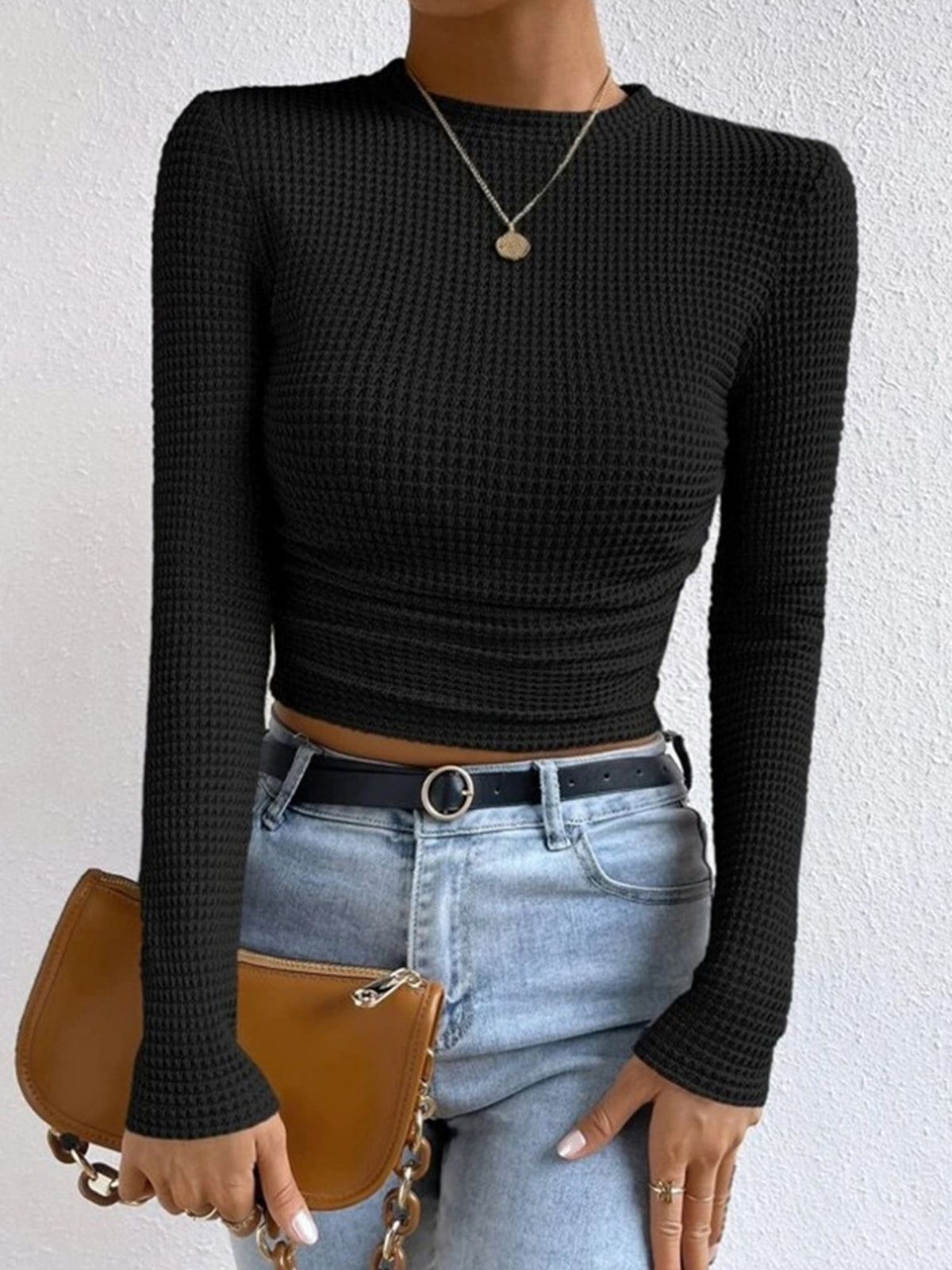 Women's Long Sleeve Waffle Knit Top with Crew Neck