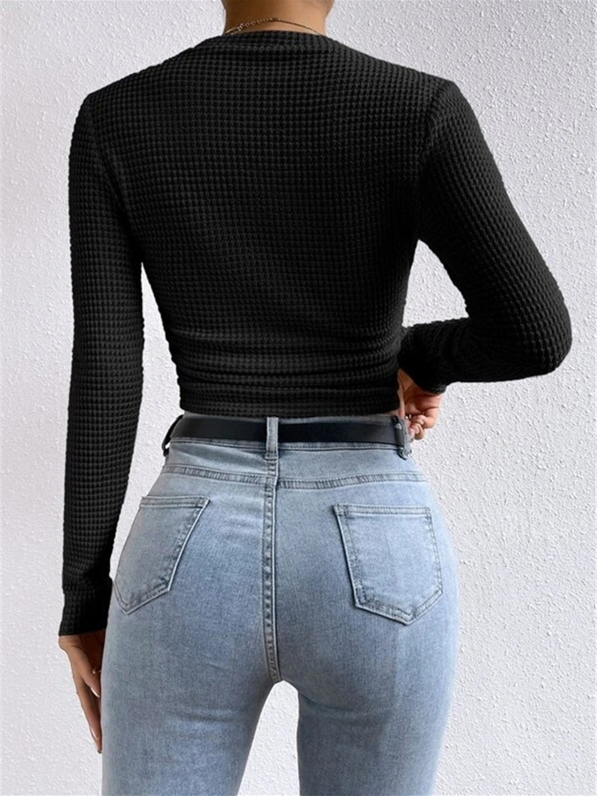 Women's Long Sleeve Waffle Knit Top with Crew Neck