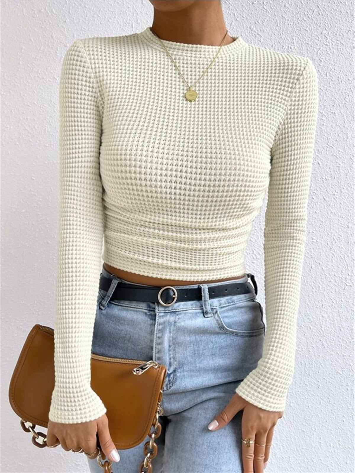 Women's Long Sleeve Waffle Knit Top with Crew Neck