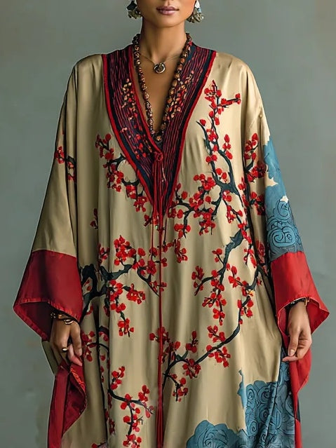Japanisches Maxi-Kleid mit roten Pflaumenblüten, Fledermausärmeln und Print
