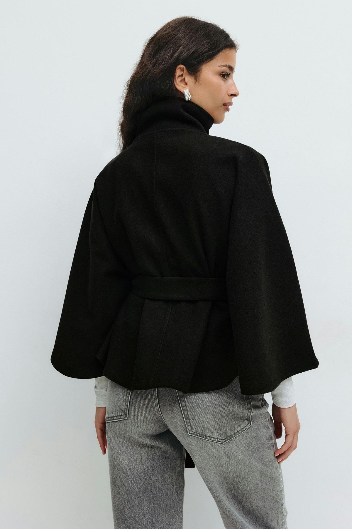 Women's Winter Cape Coat High Collar Belt Bow Regular Fit