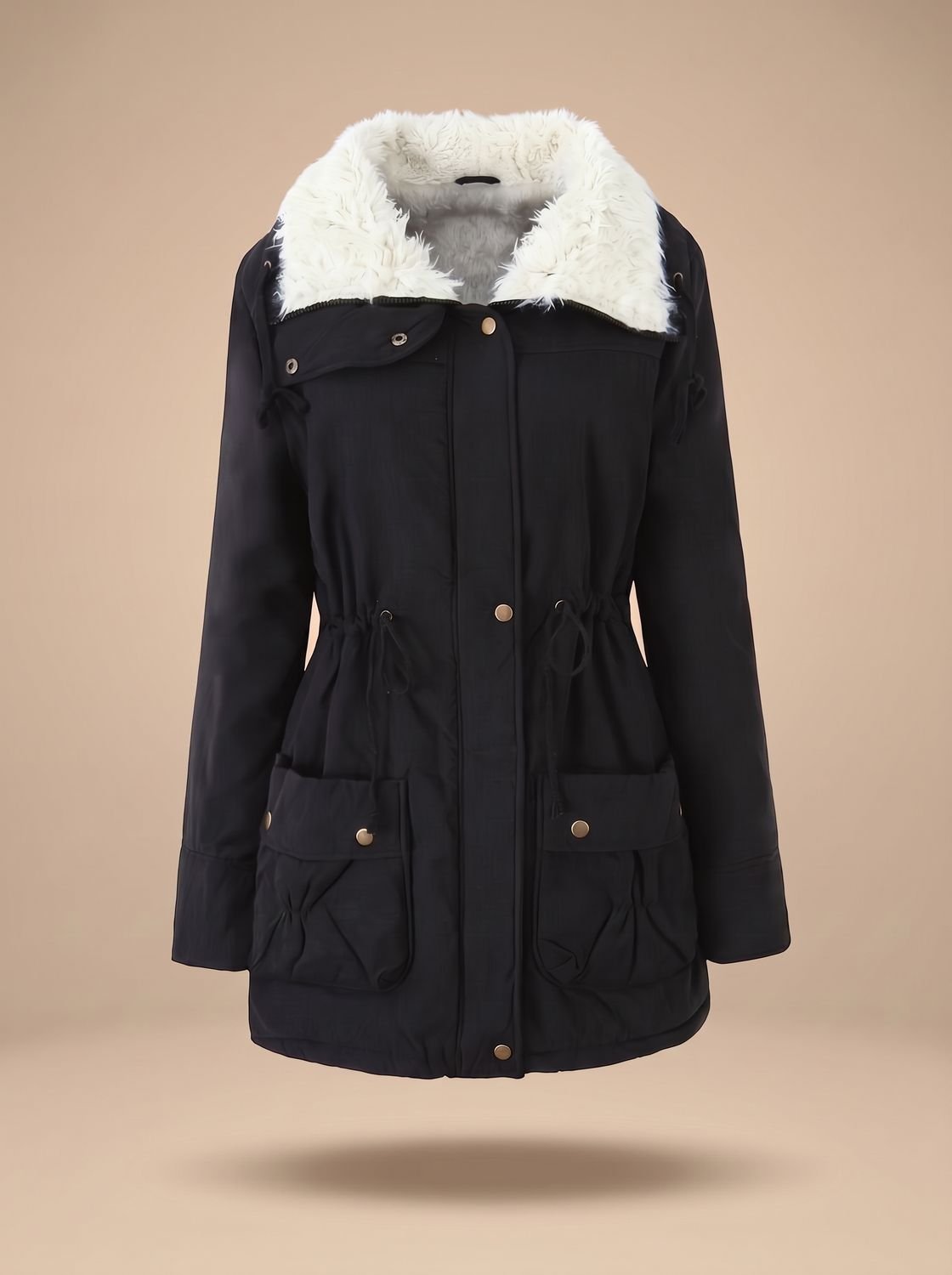 Parka da donna di media lunghezza con collo in pelliccia sintetica