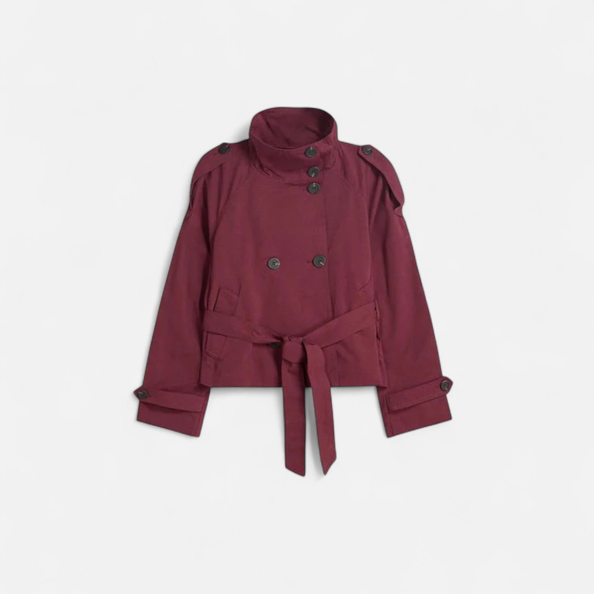Women's Short Trench Coat Double-Breasted High Neck Belted