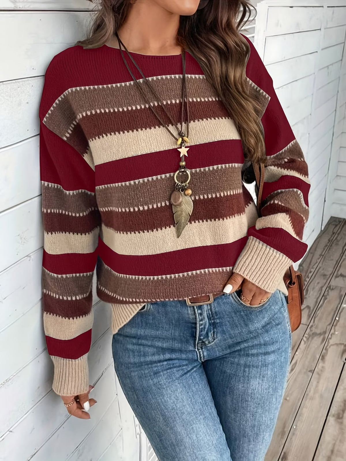 Women's Striped Knit Sweater with Round Neck