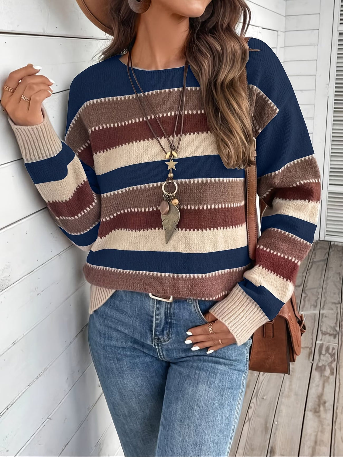 Pull en maille rayé pour femme à col rond