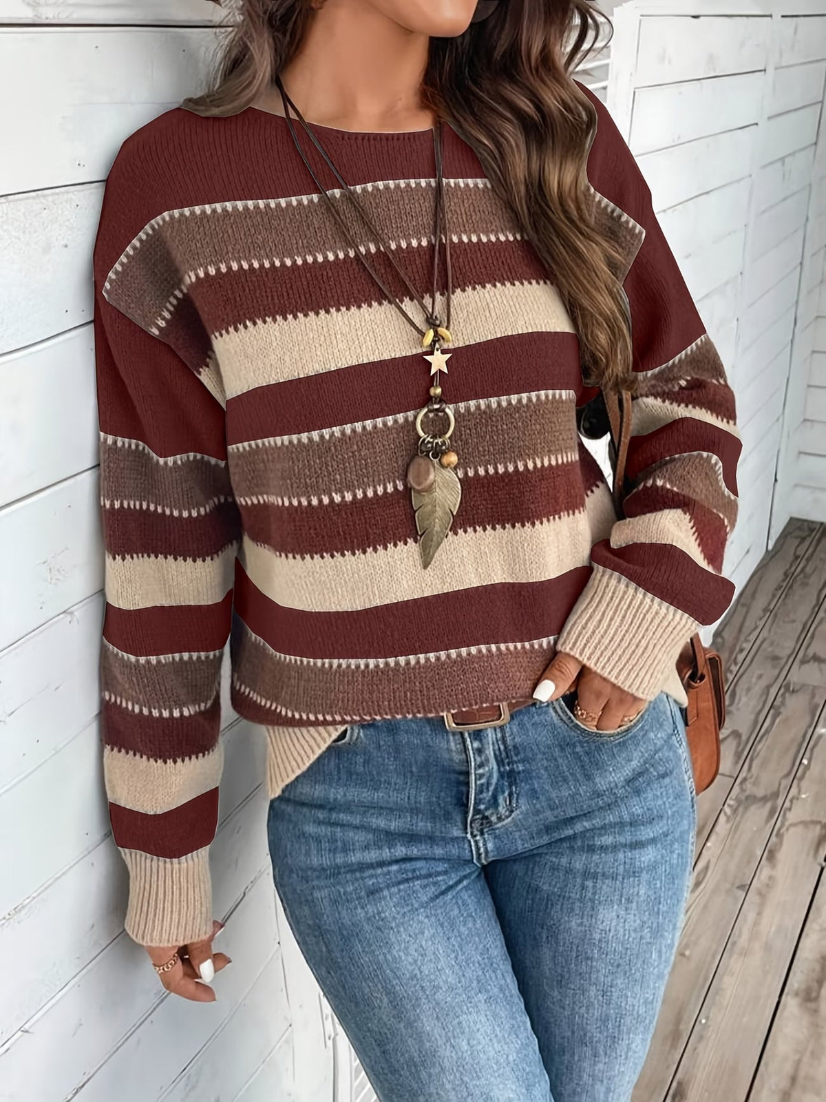 Pull en maille rayé pour femme à col rond