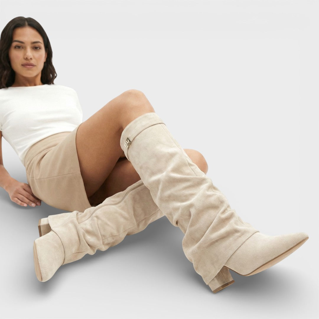 Women's Tall Pointed Toe Boots Ruched Low Heel Buckle