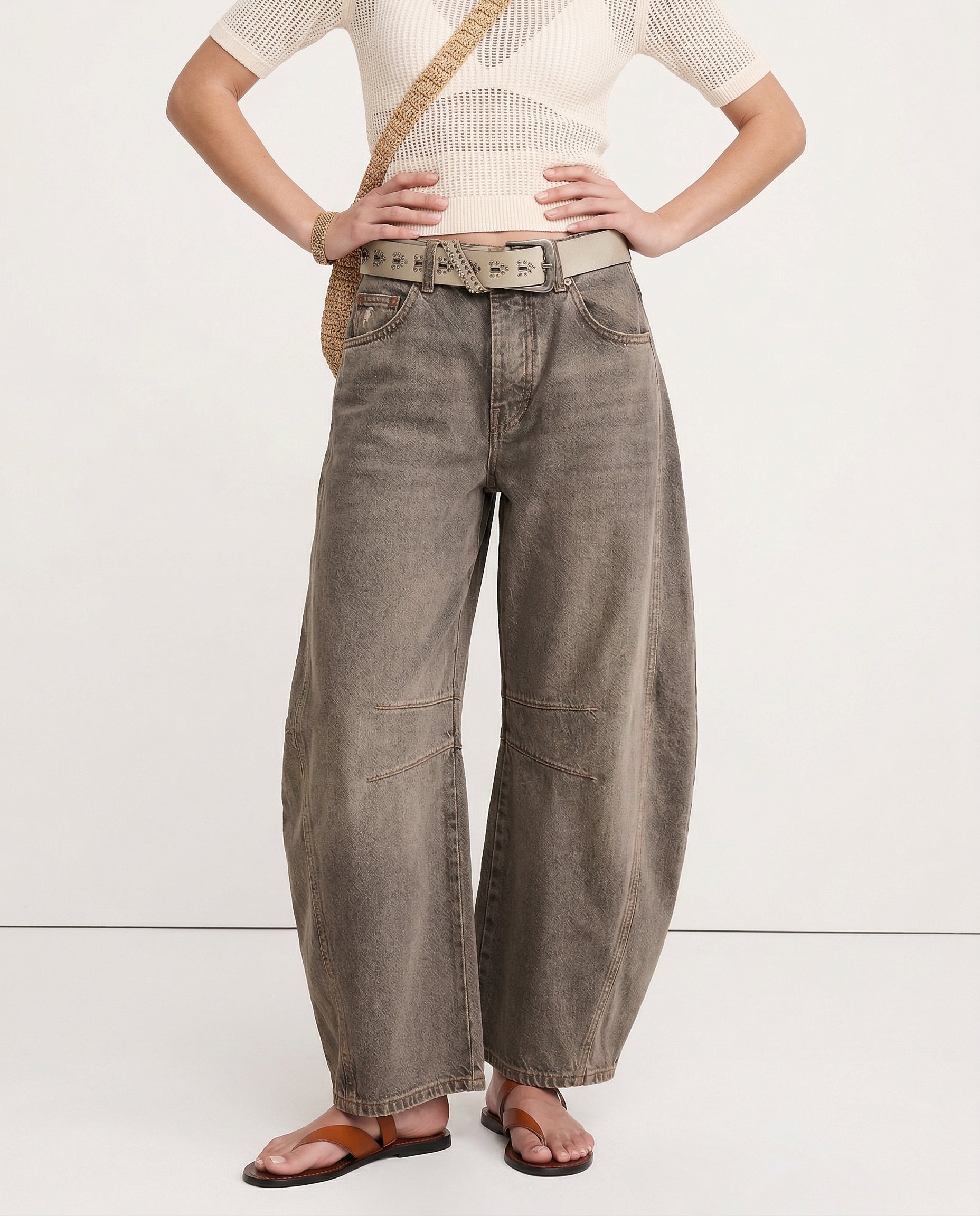 Women's Barrel-Leg Jeans Mid-Rise Wide Ankle-Length