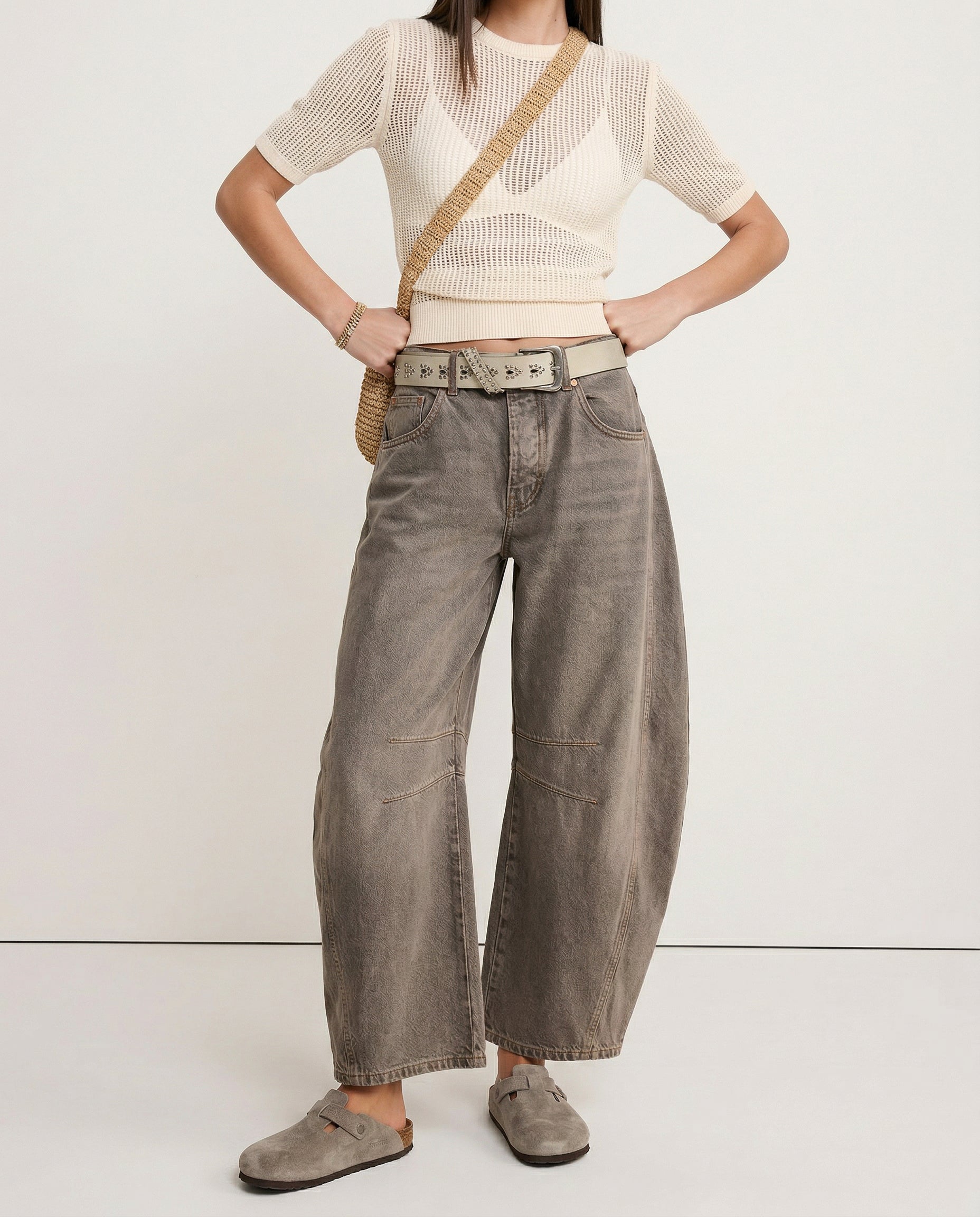 Women's Barrel-Leg Jeans Mid-Rise Wide Ankle-Length
