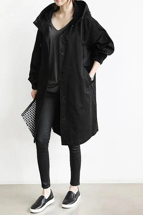 Gabardina con capucha de mujer, corte elegante de cobertura total