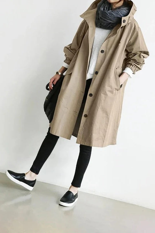 Gabardina con capucha de mujer, corte elegante de cobertura total