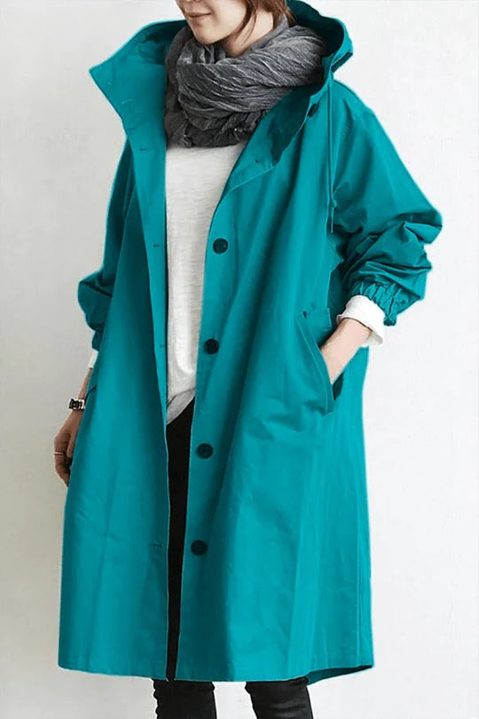 Gabardina con capucha de mujer, corte elegante de cobertura total