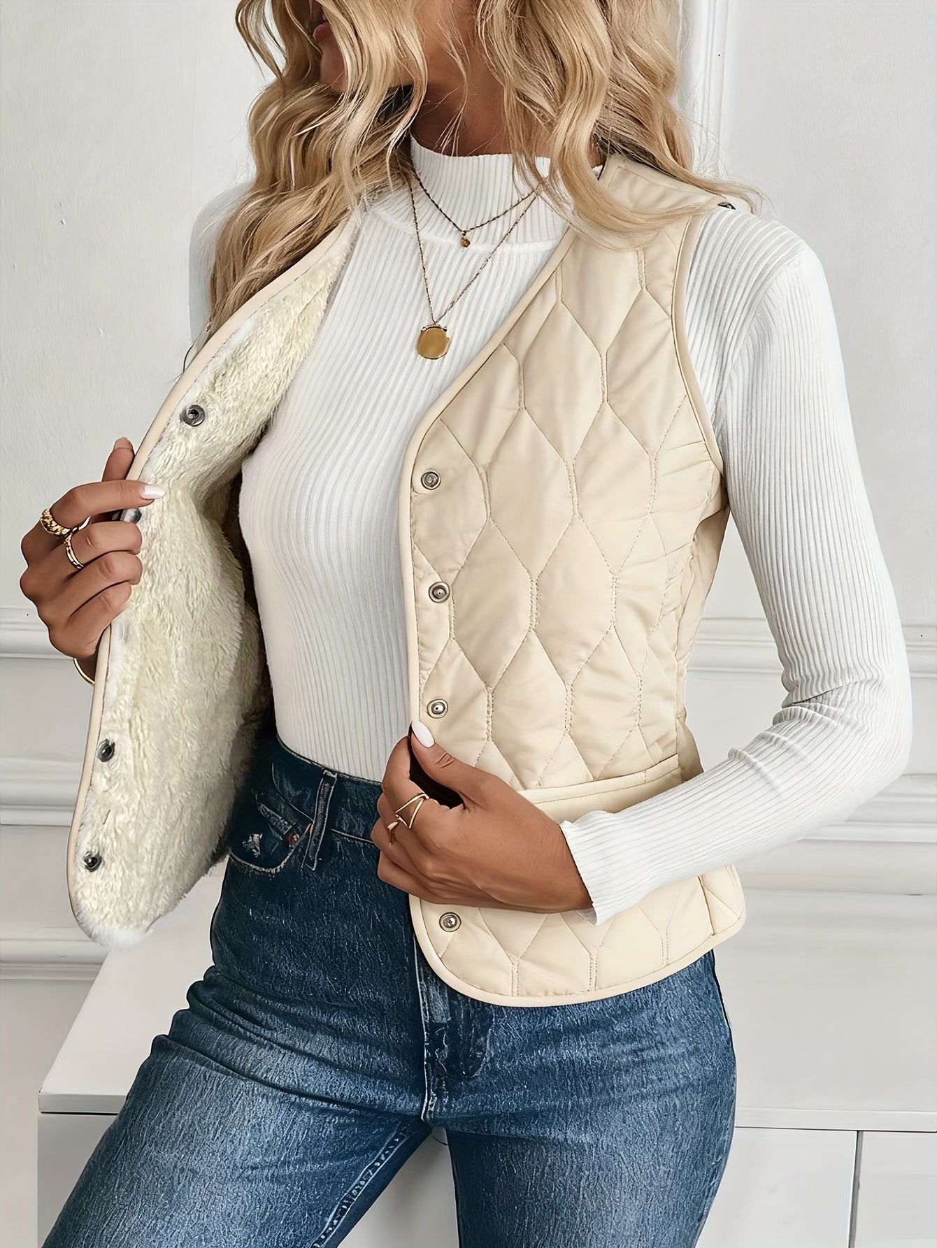 Women's Quilted Bomber Vest Diamond Quilt Sherpa Lining