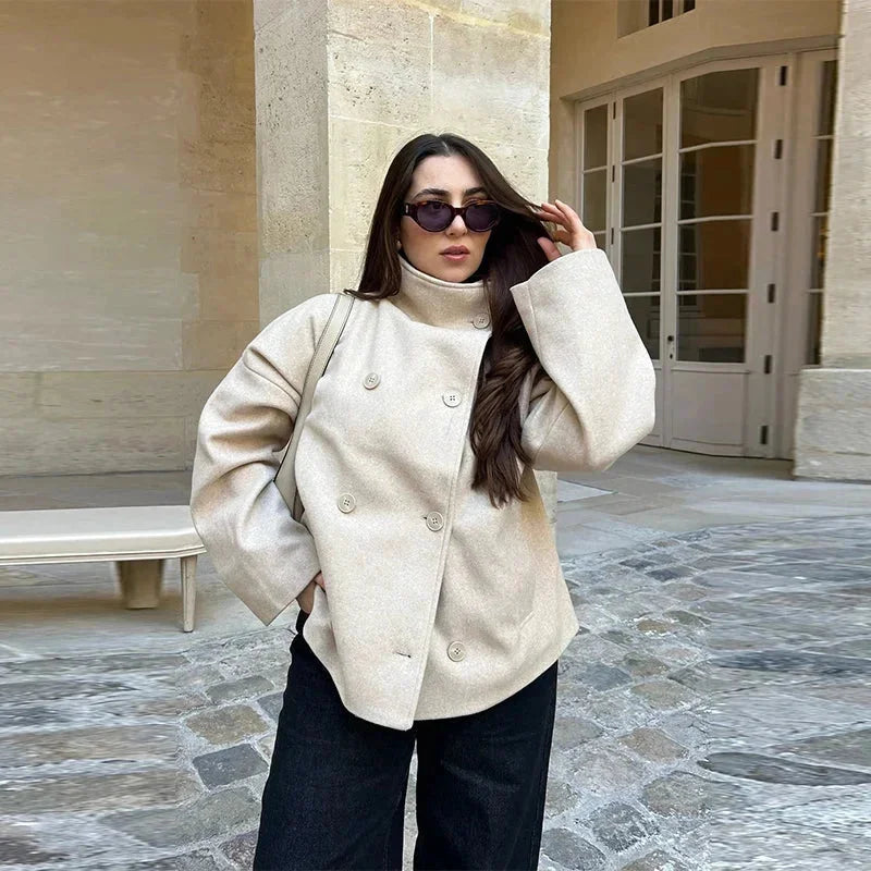 Women's Short Button Coat High Collar Modern Elegant