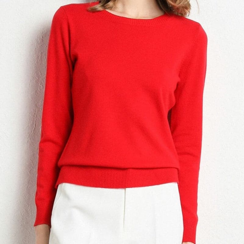 Women's Cashmere-Blend Sweater Round Neck Ribbed Trims