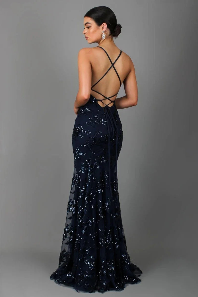 Women's Floor-Length Sequin Evening Dress Deep Back