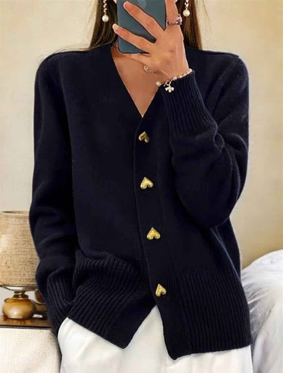 Women's Button-Up Cardigan Round Neck Straight Cut