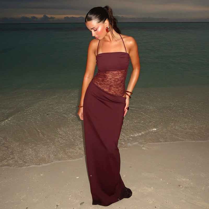 Women's Bodycon Maxi Dress Lace Corset Tie Straps