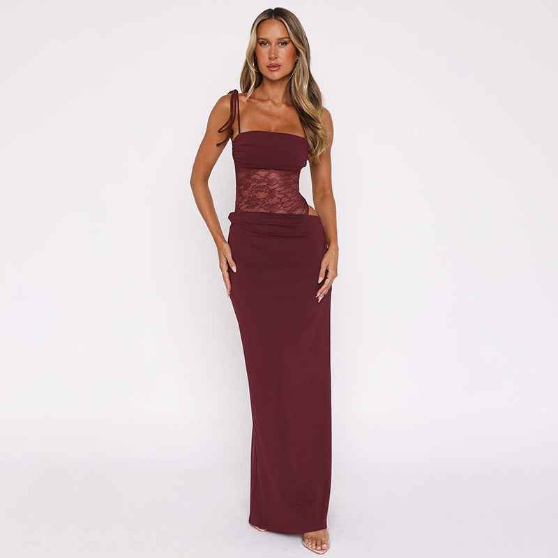 Women's Bodycon Maxi Dress Lace Corset Tie Straps