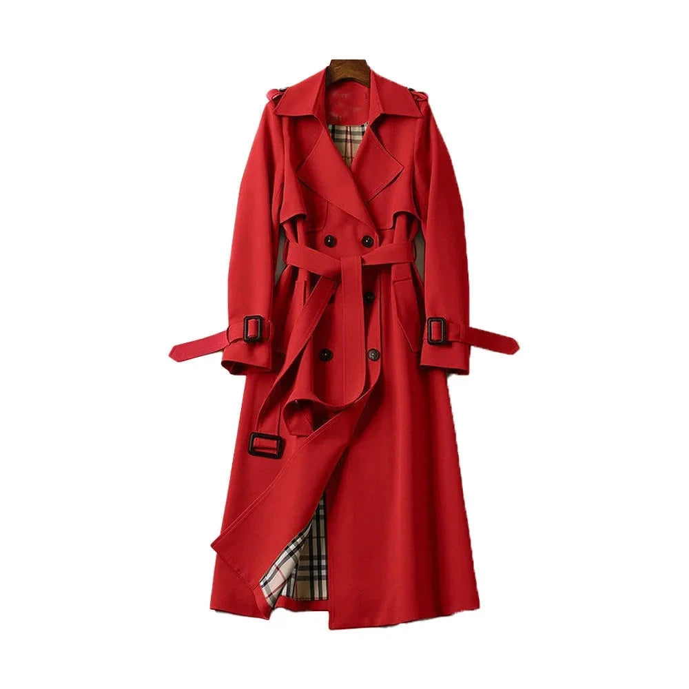 Women's Long Belted Trench Coat Lapel Classic Elegant