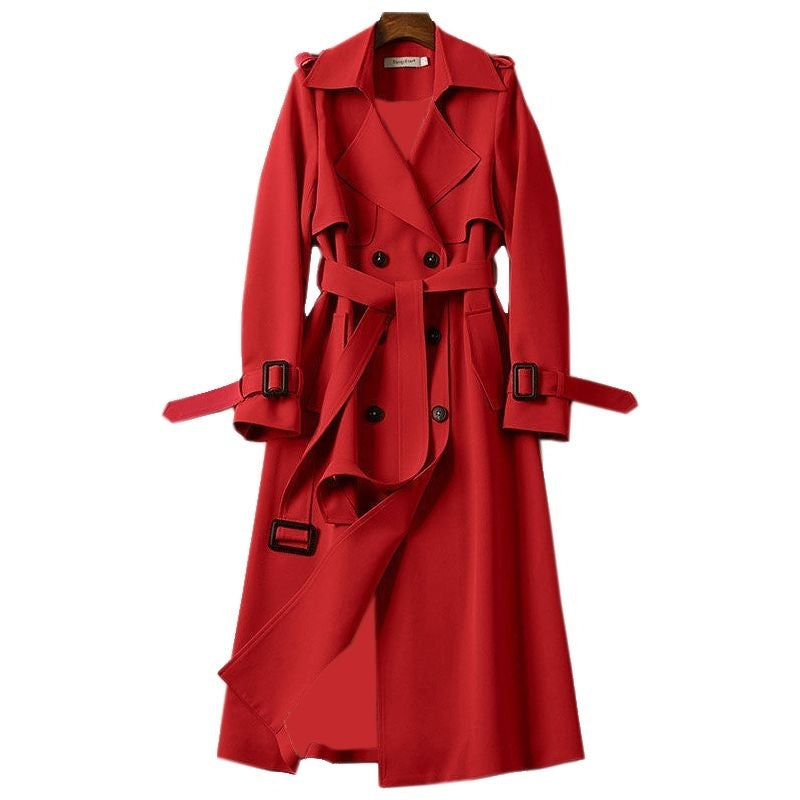 Women's Long Trench Coat with Double Button Closure