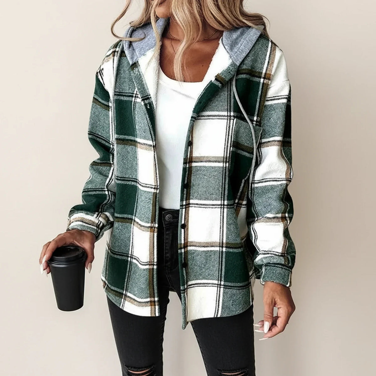 Sobrecamisa de cuadros para mujer, con capucha y cierre de botones