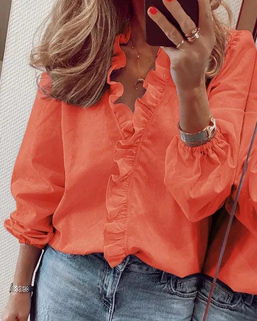 Women's Ruffle Blouse V-Neck Long Sleeve Elasticated Cuffs