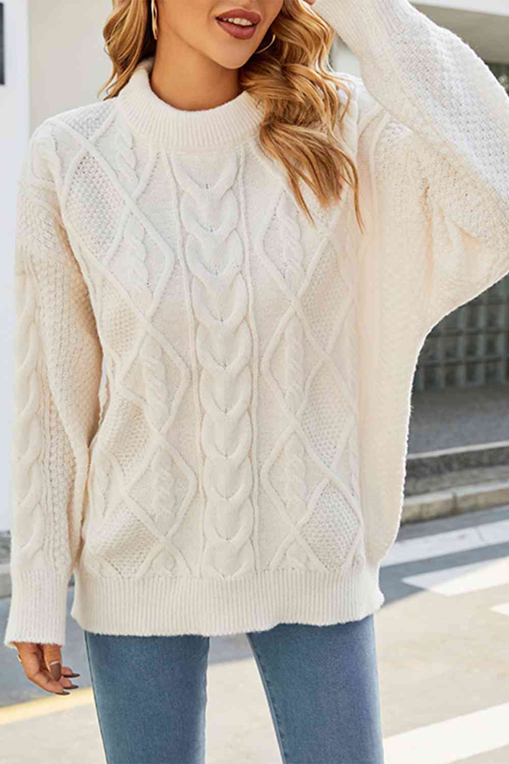 Pull oversize en maille torsadée à col rond pour femme
