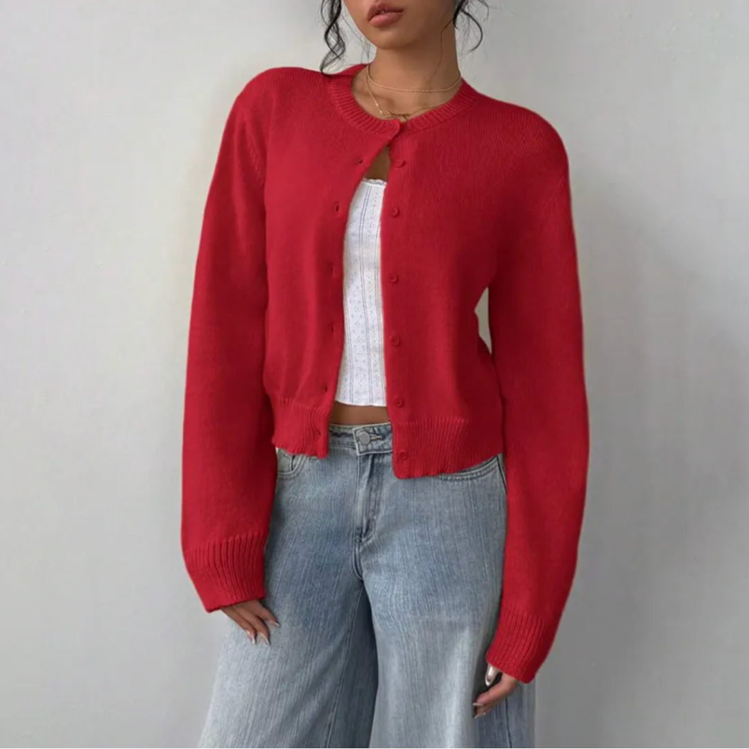 Women's Cropped Knit Cardigan Ribbed Trim Button Up