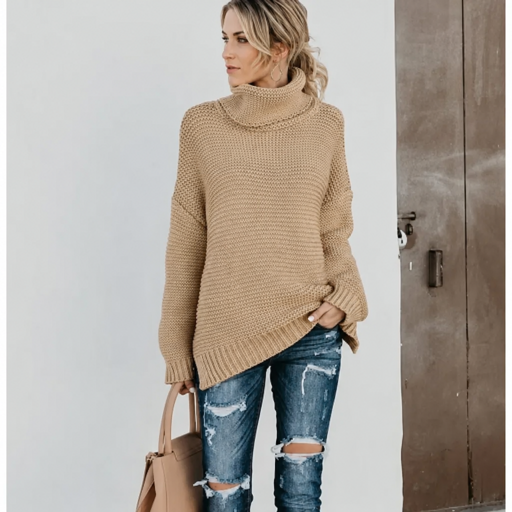 Pull en maille long à col roulé pour femme