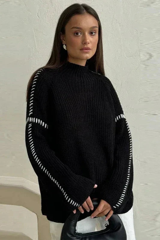 Pull oversize épais à col cheminée pour femme avec détails contrastants