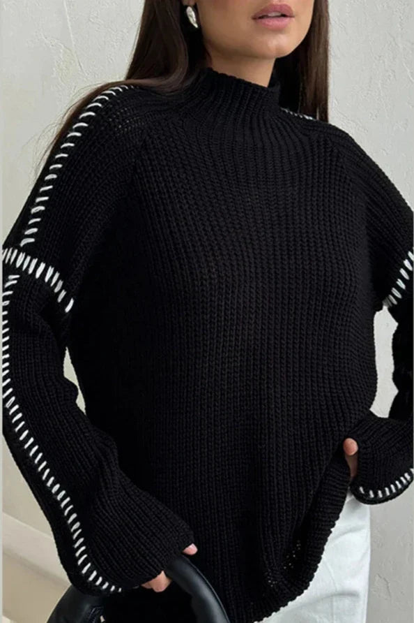Pull oversize épais à col cheminée pour femme avec détails contrastants